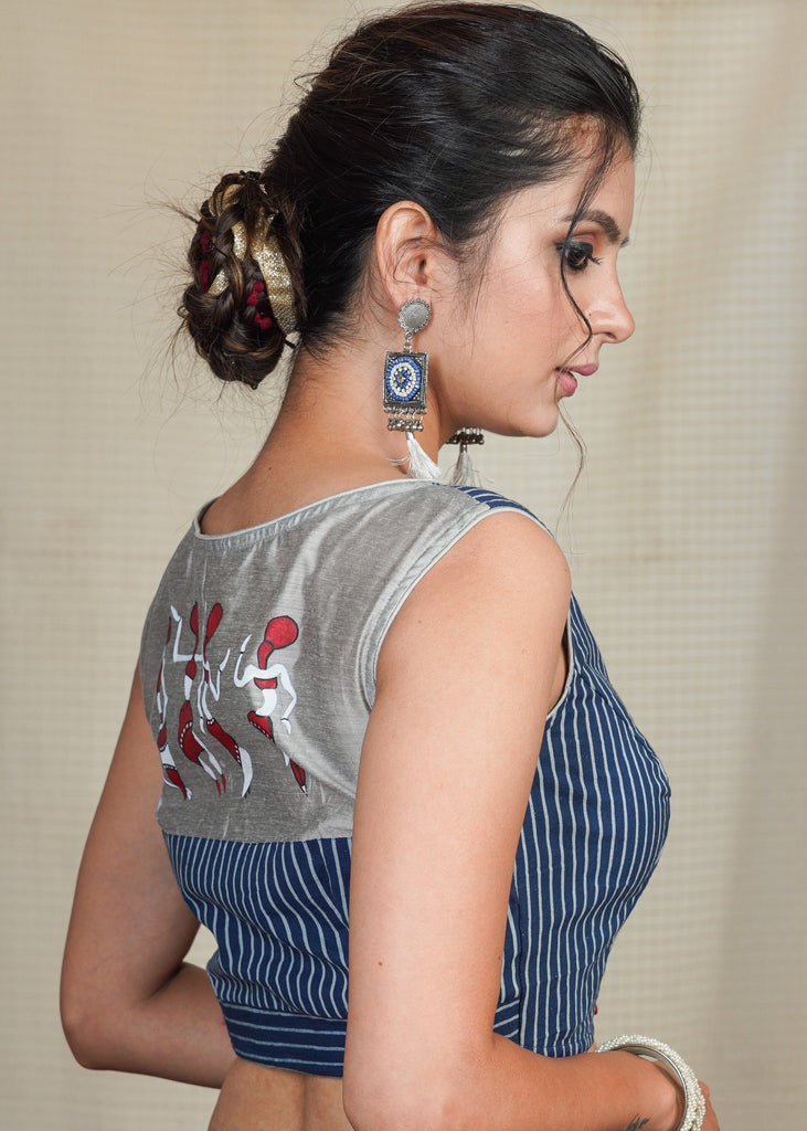 Striped Cotton Indigo Blouse with Exclusive Hand Painting on Chanderi Fabric