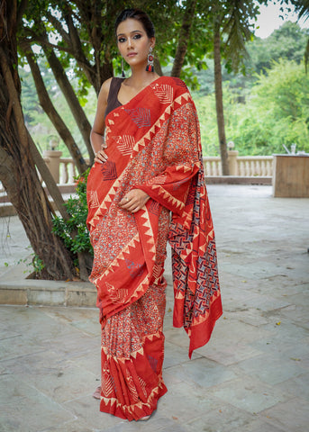 Unique designer red cotton Ajrakh saree