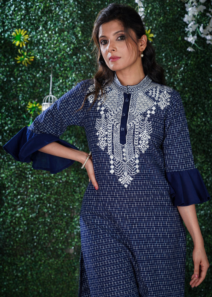 Blue Ikat Cotton Kurta with Elegant Embroidery and matching Chanderi Dupatta - 2 Pc