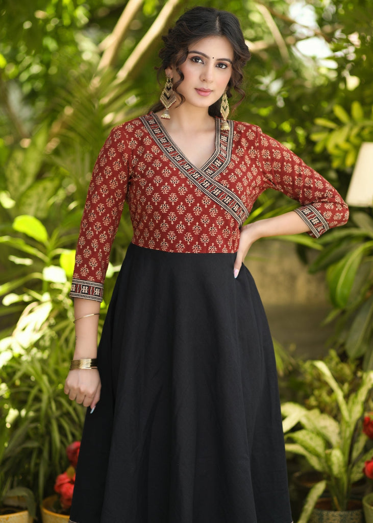 Classy Cotton Ajrakh Combination Flared Kurta - Pant Optional