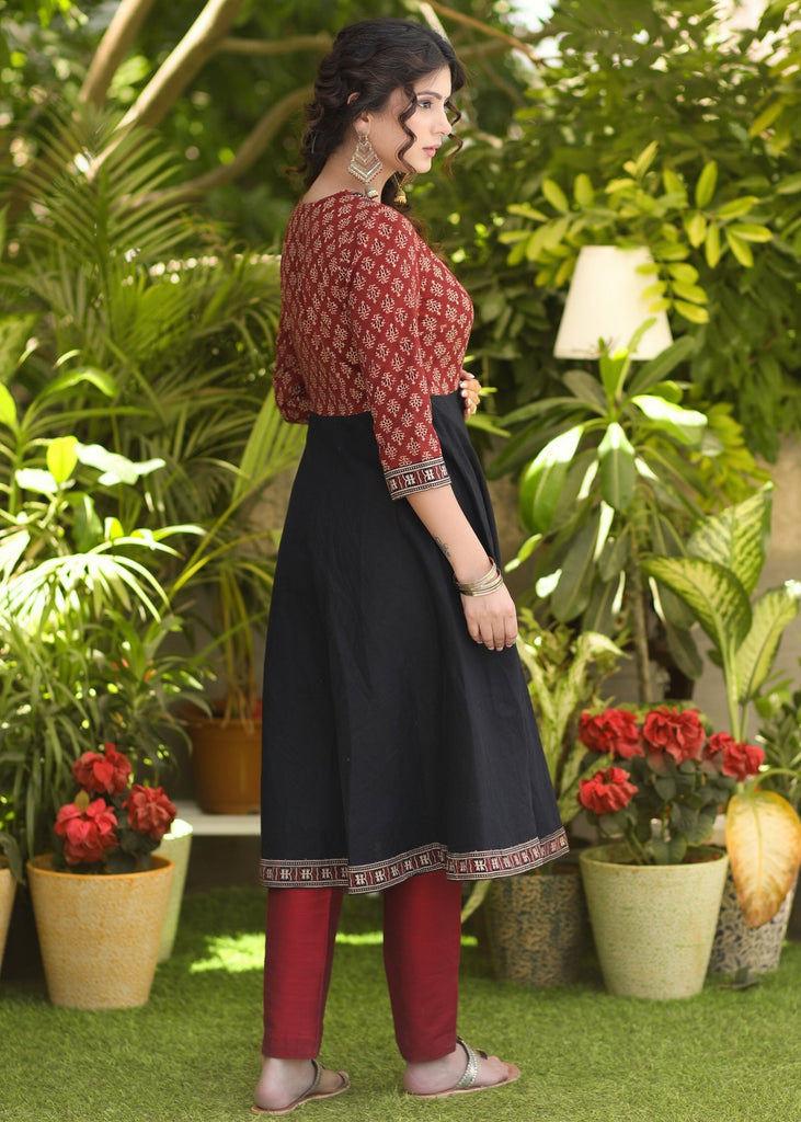 Classy Cotton Ajrakh Combination Flared Kurta - Pant Optional