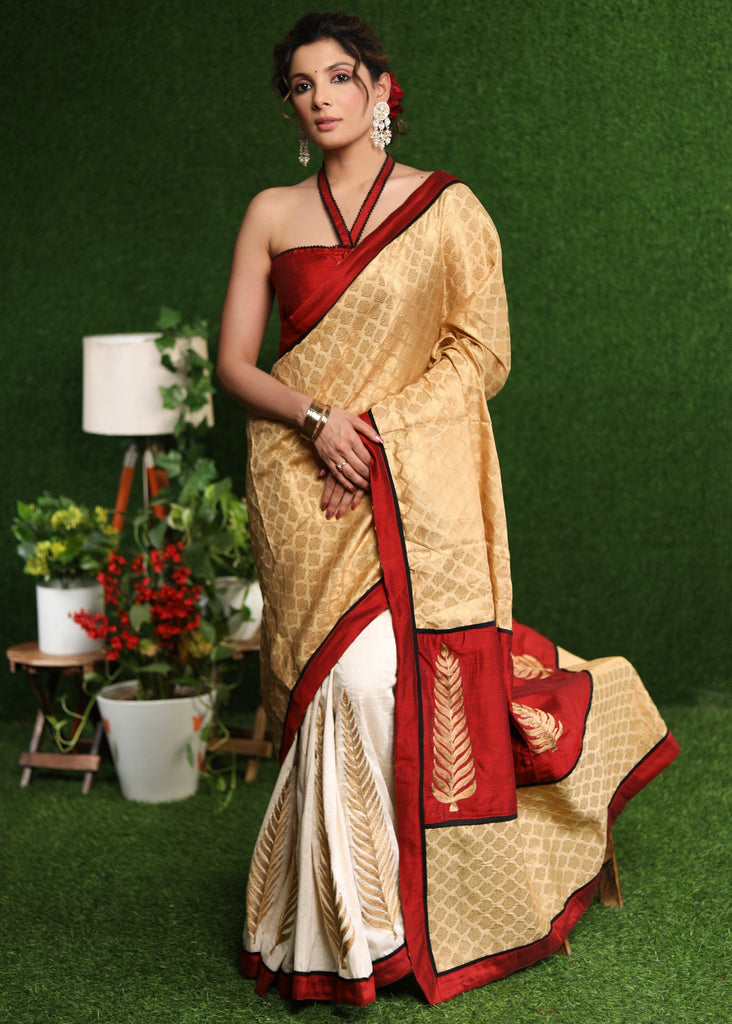 Exclusive off-white Cotton silk with gold brocade saree & Zari motif on pleats