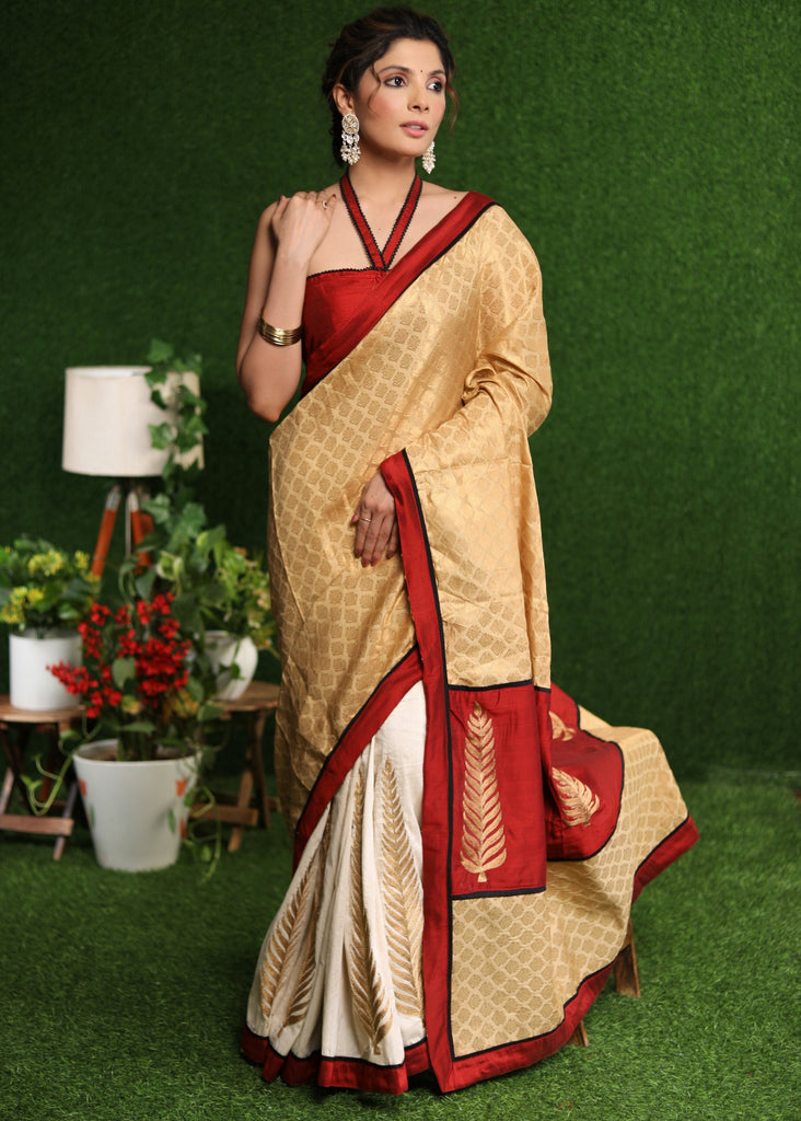 Exclusive off-white Cotton silk with gold brocade saree & Zari motif on pleats