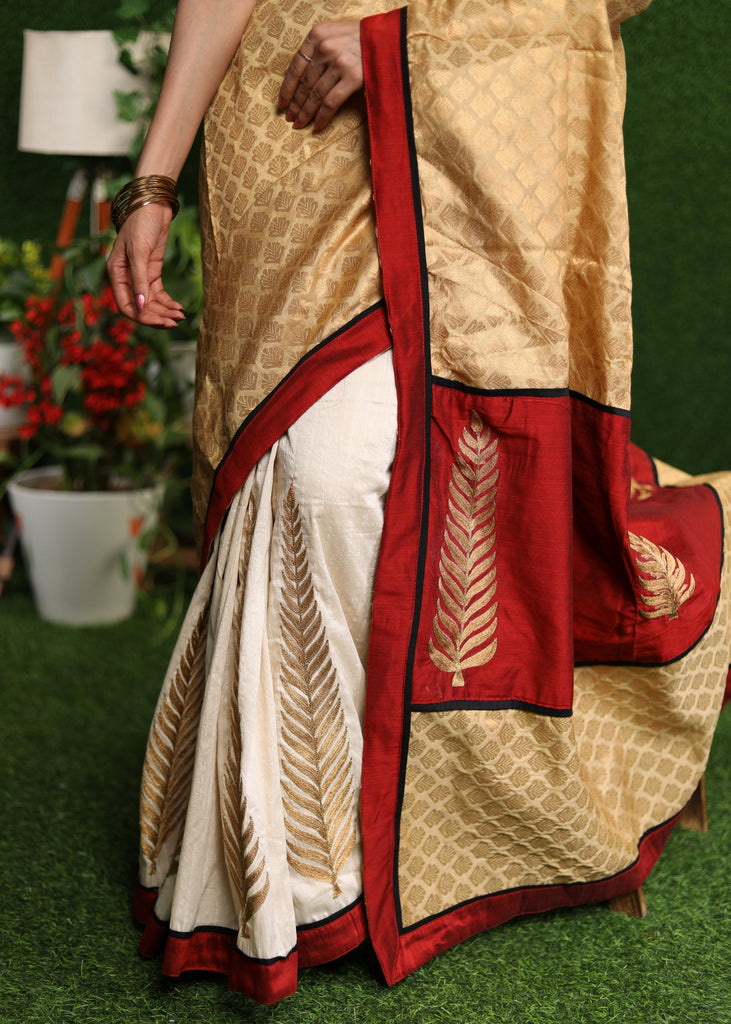 Exclusive off-white Cotton silk with gold brocade saree & Zari motif on pleats