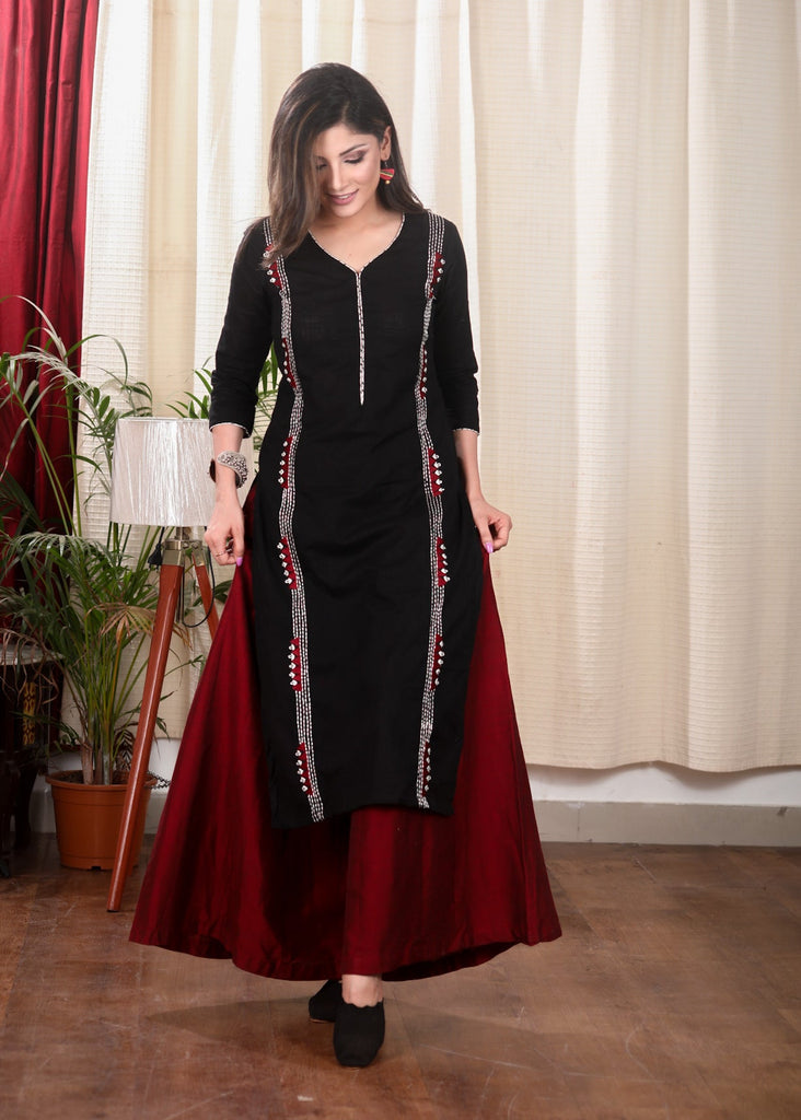 Black Straight Cut Cotton Kurta With Exclusive Full Length Embroidery