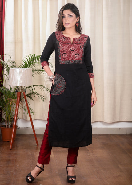 Black Straight Cut Cotton Kurta with Kantha Self Stitched Yoke .