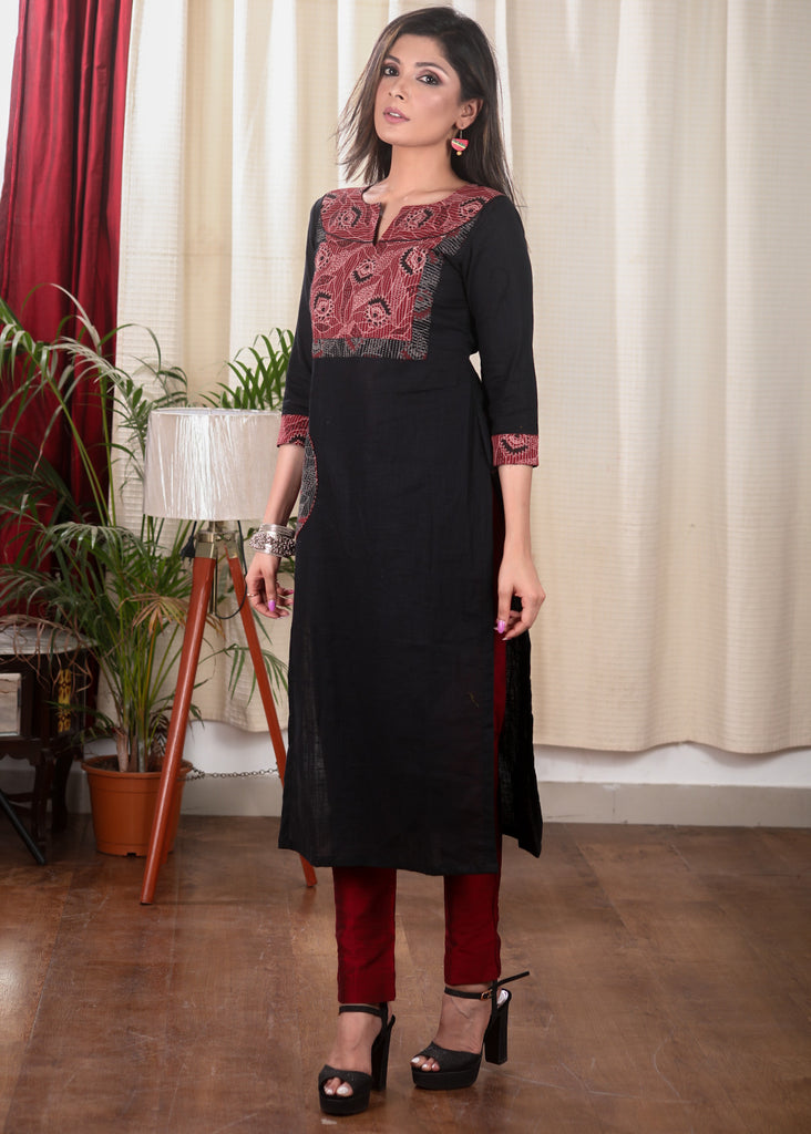 Black Straight Cut Cotton Kurta with Kantha Self Stitched Yoke .