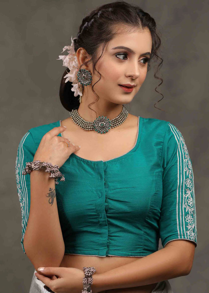 Classy Turquoise Green Cotton Silk Blouse with Beautiful Floral Embroidery on Back and Sleeves