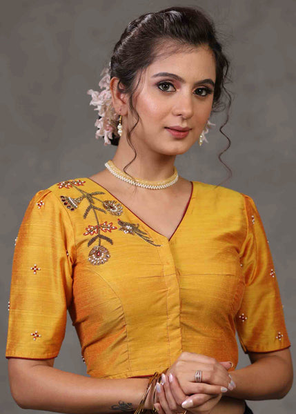 Elegant Yellow Cotton Silk Blouse with Beautiful Bird Embroidery on Back and Front