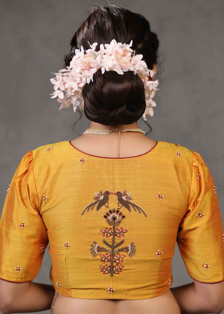 Elegant Yellow Cotton Silk Blouse with Beautiful Bird Embroidery on Back and Front