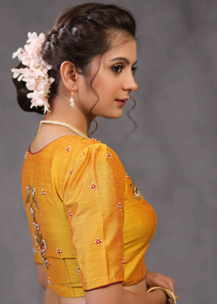 Elegant Yellow Cotton Silk Blouse with Beautiful Bird Embroidery on Back and Front