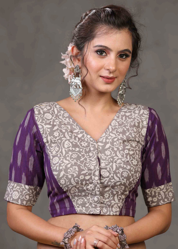 Trendy Printed Grey and Violet Ikat Combination Blouse with Front Elongated Yoke