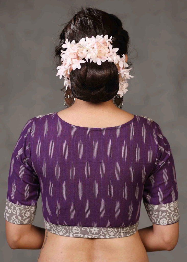 Trendy Printed Grey and Violet Ikat Combination Blouse with Front Elongated Yoke