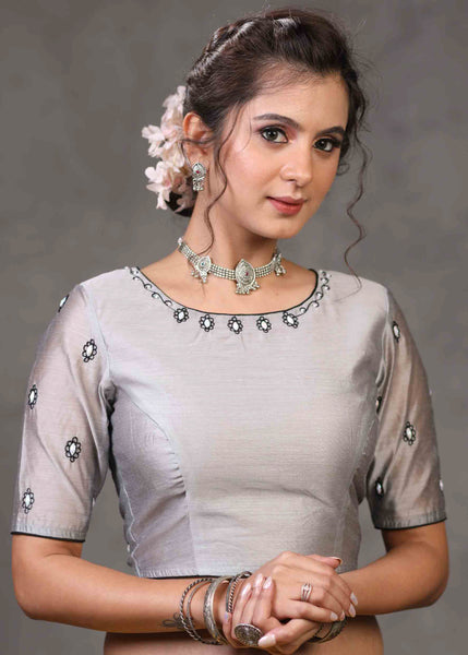 Classy Grey Chanderi Blouse with Overall Beautiful Floral Embroidery