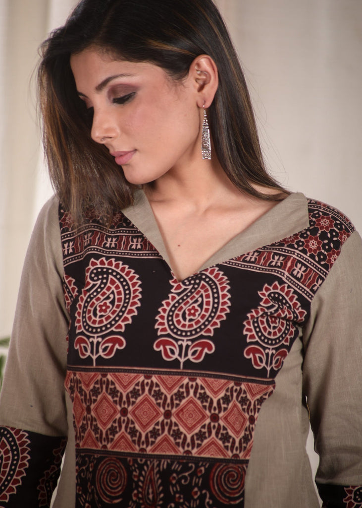 Elegant Straight Cut Chikoo Colour Cotton Kurta with Classy Blend of Ajrakh Fabric