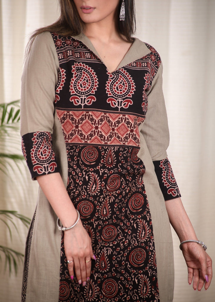 Elegant Straight Cut Chikoo Colour Cotton Kurta with Classy Blend of Ajrakh Fabric