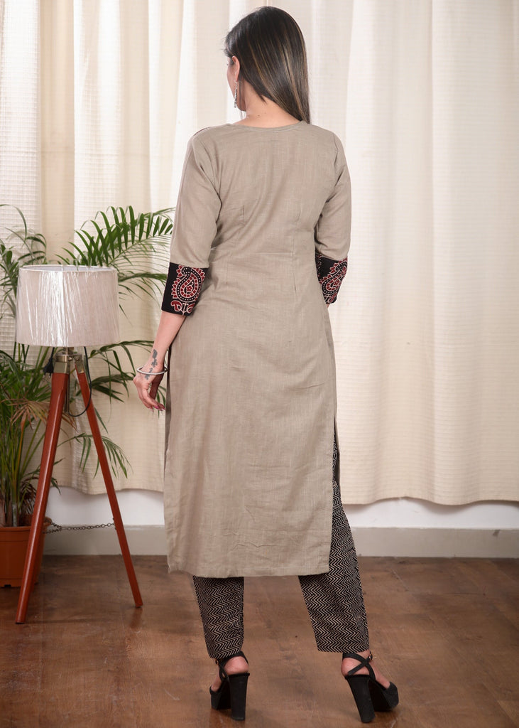 Elegant Straight Cut Chikoo Colour Cotton Kurta with Classy Blend of Ajrakh Fabric