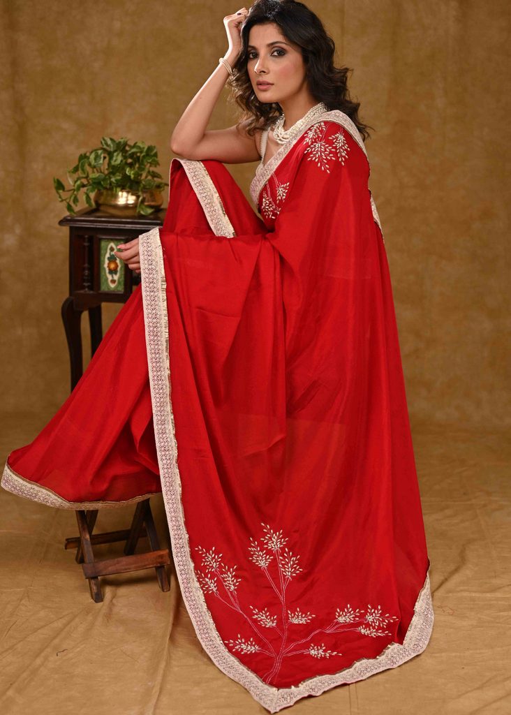 Designer Red Chiffon Saree with Intricate Moti Work and White Border