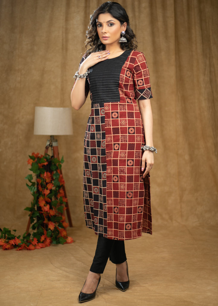 Elegant Black & Maroon cotton Ajrakh kurta with pintucks on yoke