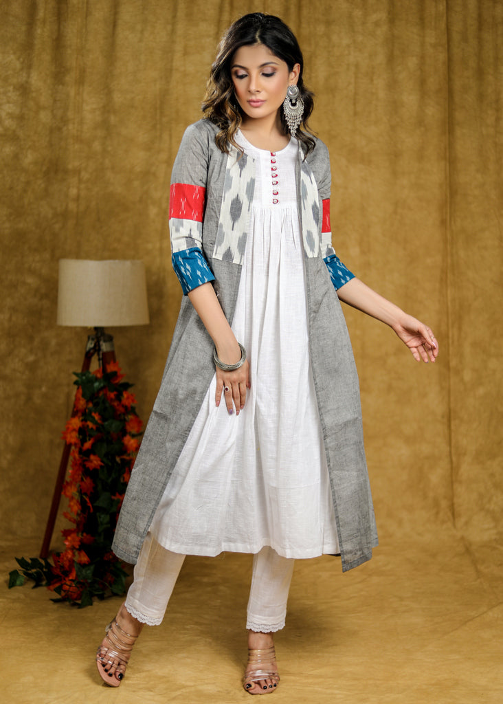 Delicate White Cotton Sleeveless Kurta with Grey Ikat Jacket & Contras –  Sujatra
