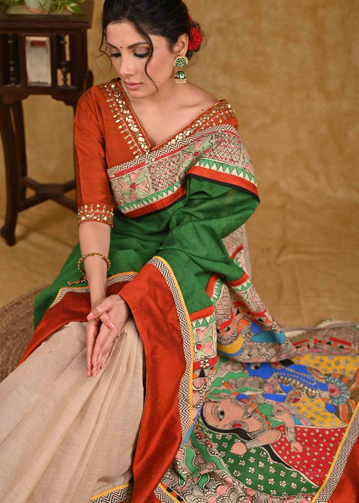 Mulmul Cotton Saree Beige Color Handblock Printed with running blouse -  IndieHaat – Indiehaat.com