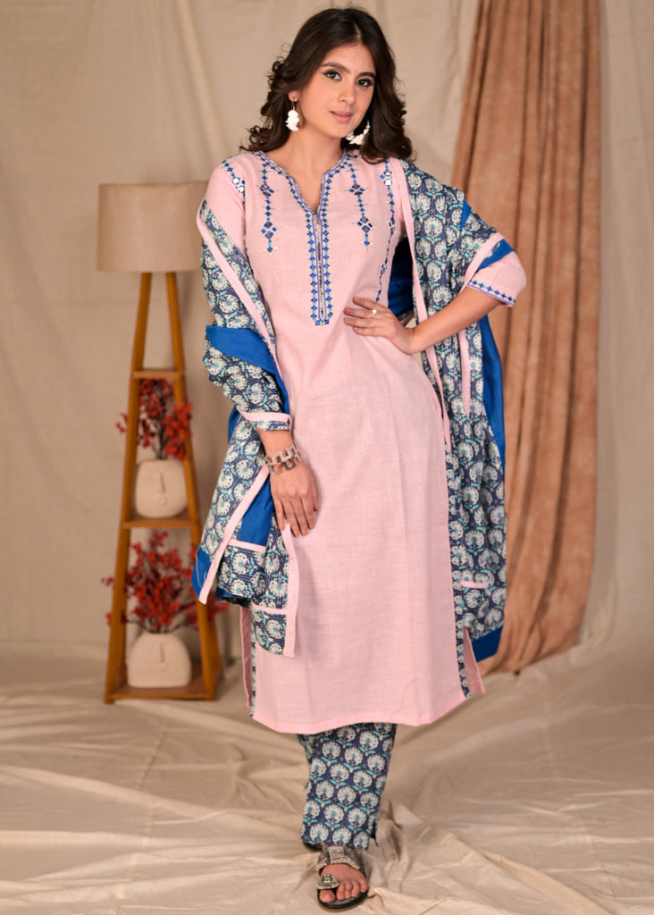 Trendy Cotton Summer blue Embroidered Kurta with Natural Print Pant - Chanderi Combination Dupatta Optional