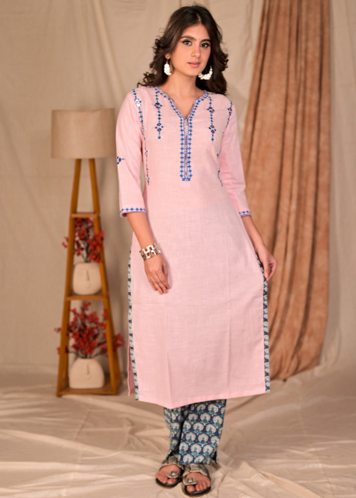 Trendy Cotton Summer blue Embroidered Kurta with Natural Print Pant - Chanderi Combination Dupatta Optional