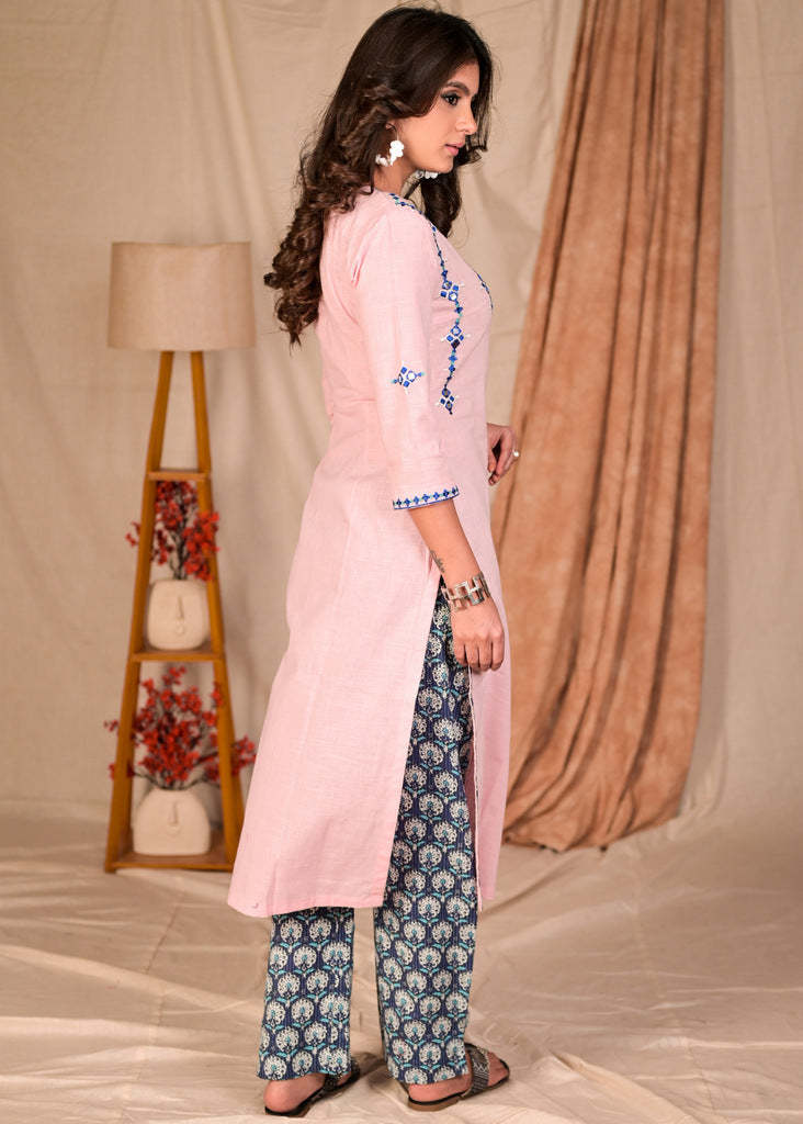 Trendy Cotton Summer blue Embroidered Kurta with Natural Print Pant - Chanderi Combination Dupatta Optional