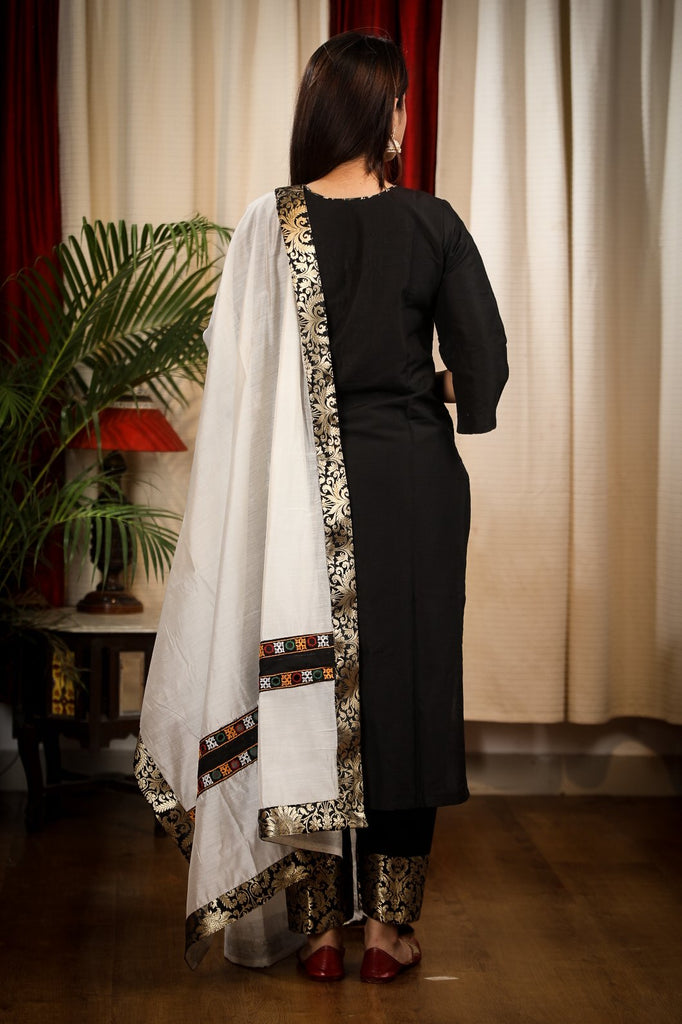 Black Cotton Silk Hand Zardosi Work Kurta, Banarasi Border Pant and Chanderi Dupatta with Double line Handmade Kutch Mirror work