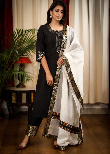 Black Cotton Silk Hand Zardosi Work Kurta, Banarasi Border Pant and Chanderi Dupatta with Double line Handmade Kutch Mirror work