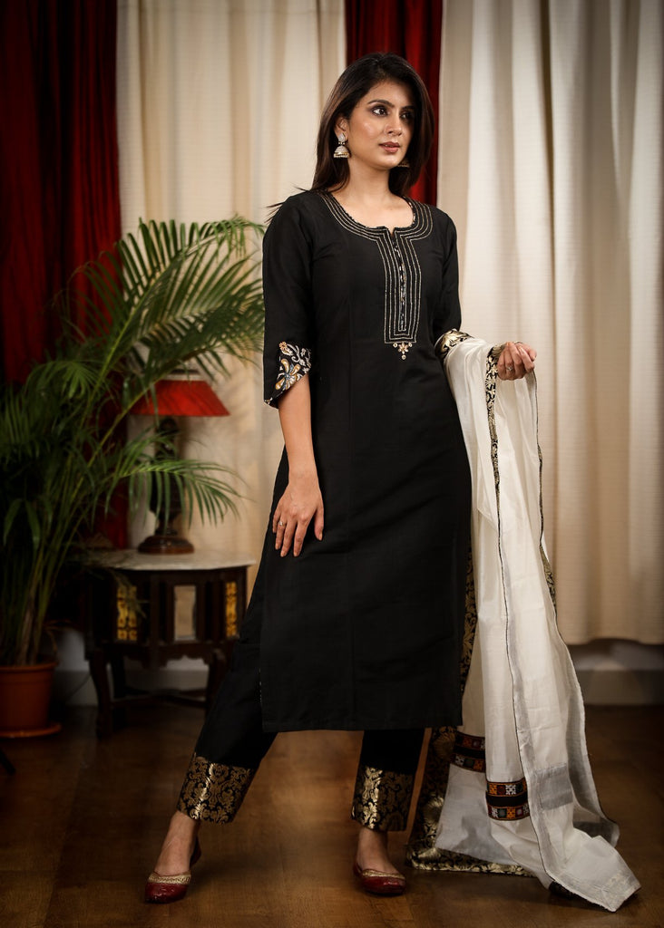 Black Cotton Silk Hand Zardosi Work Kurta, Banarasi Border Pant and Chanderi Dupatta with Double line Handmade Kutch Mirror work