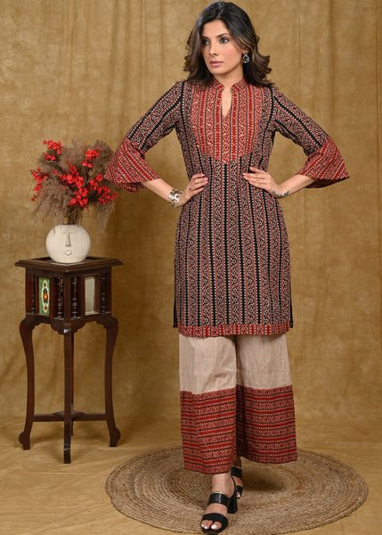 Trendy Cotton Ajrakh Combination Tunic with Hand Sequence Work on Yoke