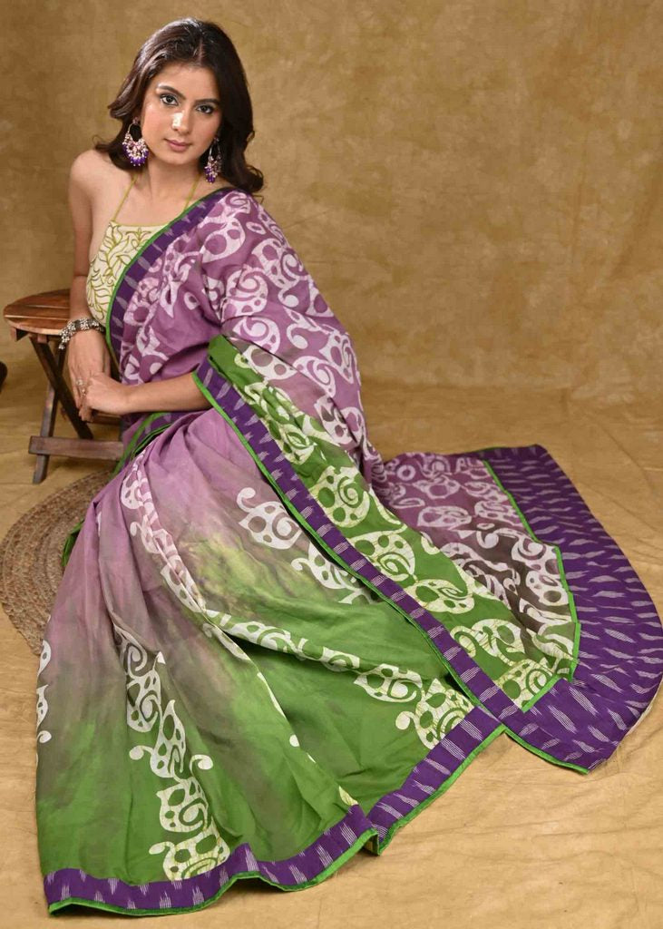 Buy Satrani Green & Purple Printed Saree With Unstitched Blouse for Women  Online @ Tata CLiQ