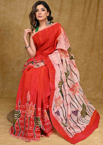 Exclusive Mul Cotton Battik Red Saree