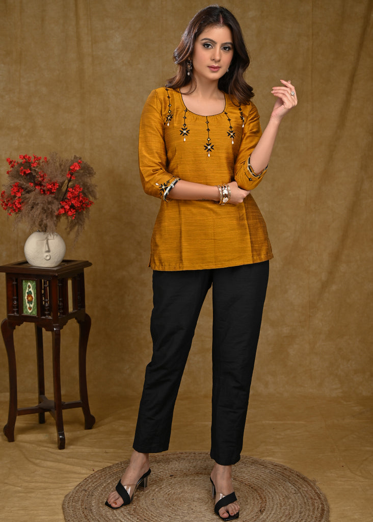 Mustard Cotton Silk Top with Delicate Hand Embroidery