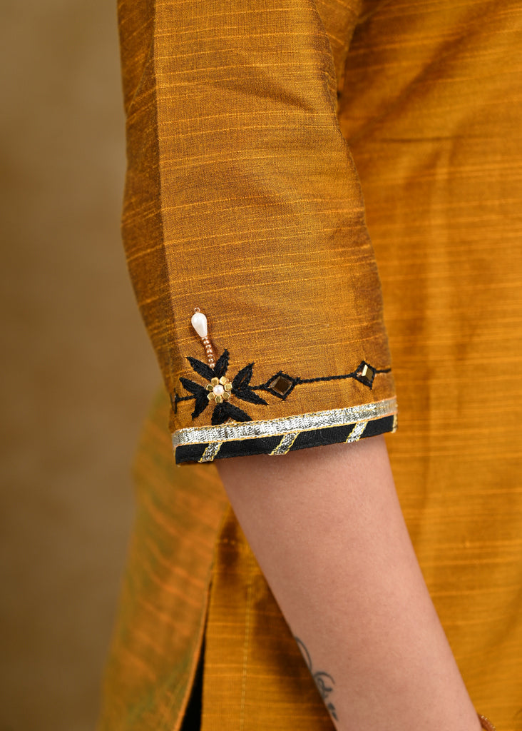 Mustard Cotton Silk Top with Delicate Hand Embroidery