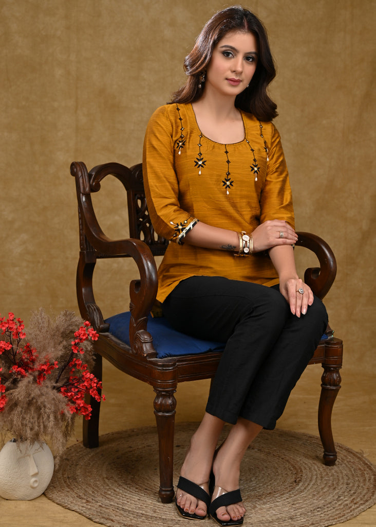 Mustard Cotton Silk Top with Delicate Hand Embroidery