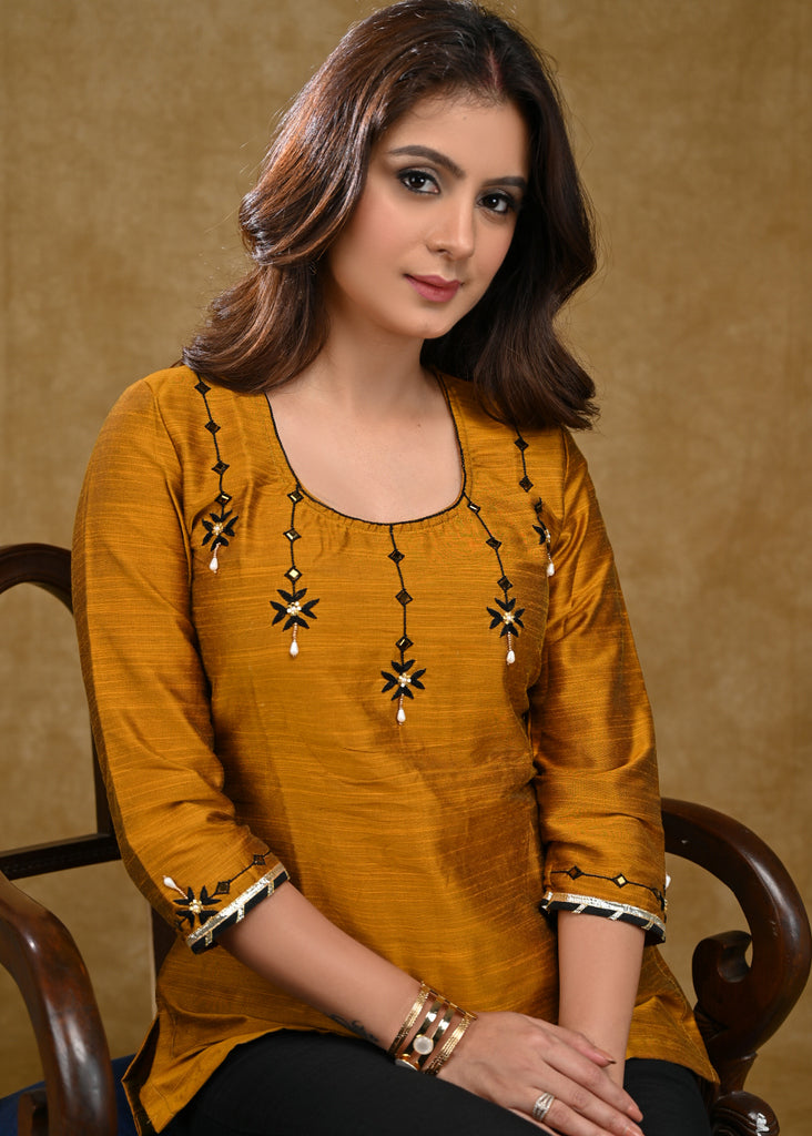 Mustard Cotton Silk Top with Delicate Hand Embroidery