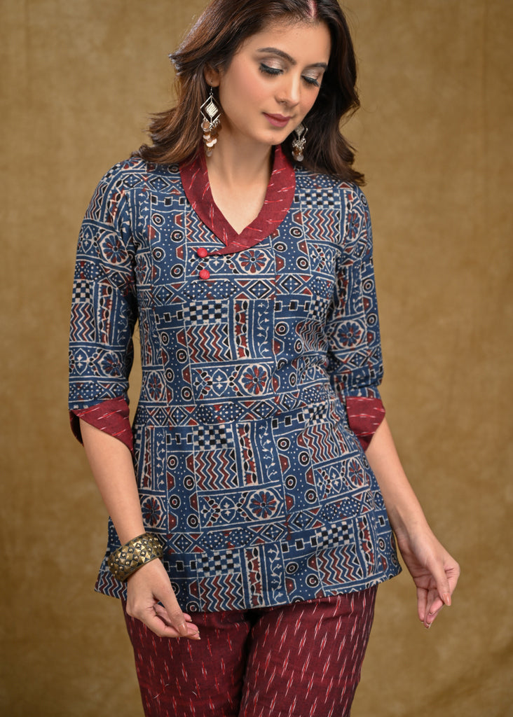 Smart Blue Cotton Ajrakh Top with Maroon Ikaat Collar