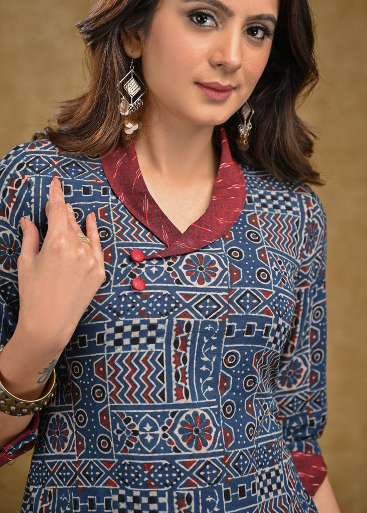 Smart Blue Cotton Ajrakh Top with Maroon Ikaat Collar