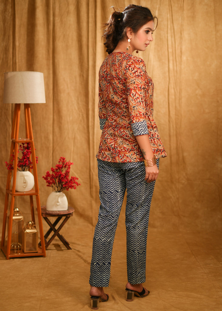 Classy Kalamkari and Indigo Combination Overlap Casual Top with Side Tie-Up