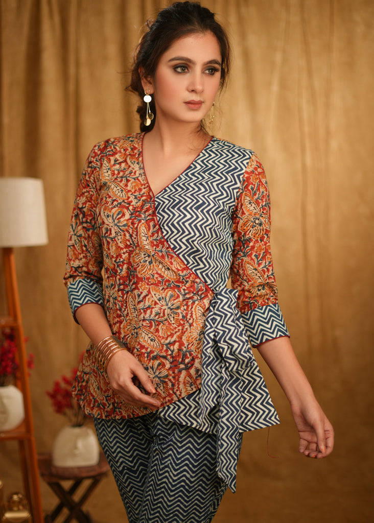 Classy Kalamkari and Indigo Combination Overlap Casual Top with Side Tie-Up