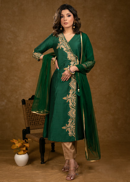 Party Wear Bottle Green Cotton Silk Cross Over Kurta with Zari Embroidery & Dupatta - Pant Optional