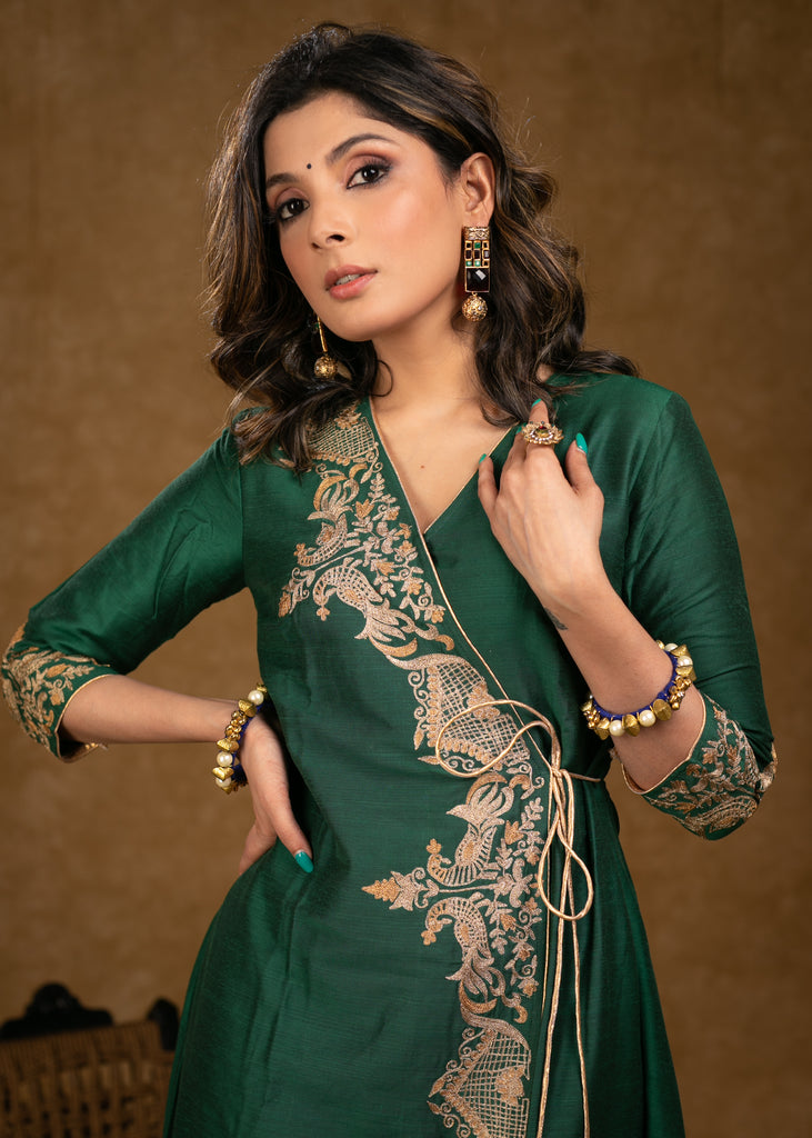 Party Wear Bottle Green Cotton Silk Cross Over Kurta with Zari Embroid –  Sujatra