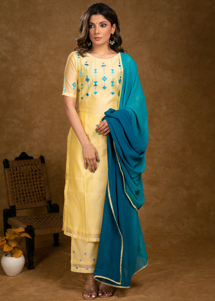 Classy Lemon Yellow Chanderi Kurta with Contrast Embroidery on Yoke and Sleeves, Dupatta and Pant Set - 3 Piece