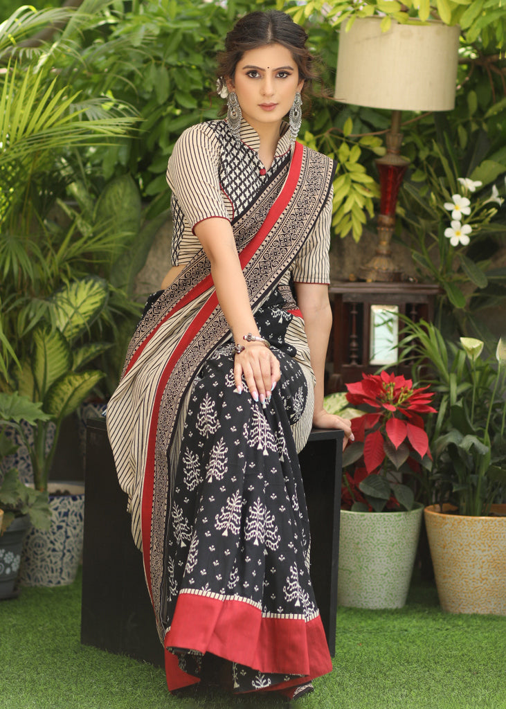 Gorgeous Black printed Cotton saree with line Ajrakh Pallu and maroon Cotton silk, Ajrakh combination border