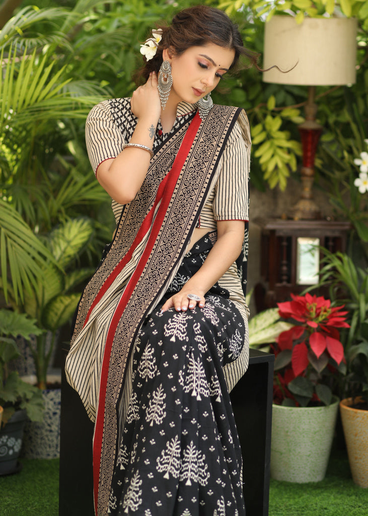 Gorgeous Black printed Cotton saree with line Ajrakh Pallu and maroon Cotton silk, Ajrakh combination border