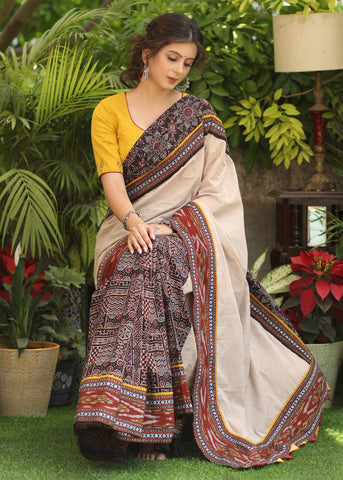 Smart cotton Ajrakh & plain cream Cotton saree with beautiful Ikaat, Ajrakh border