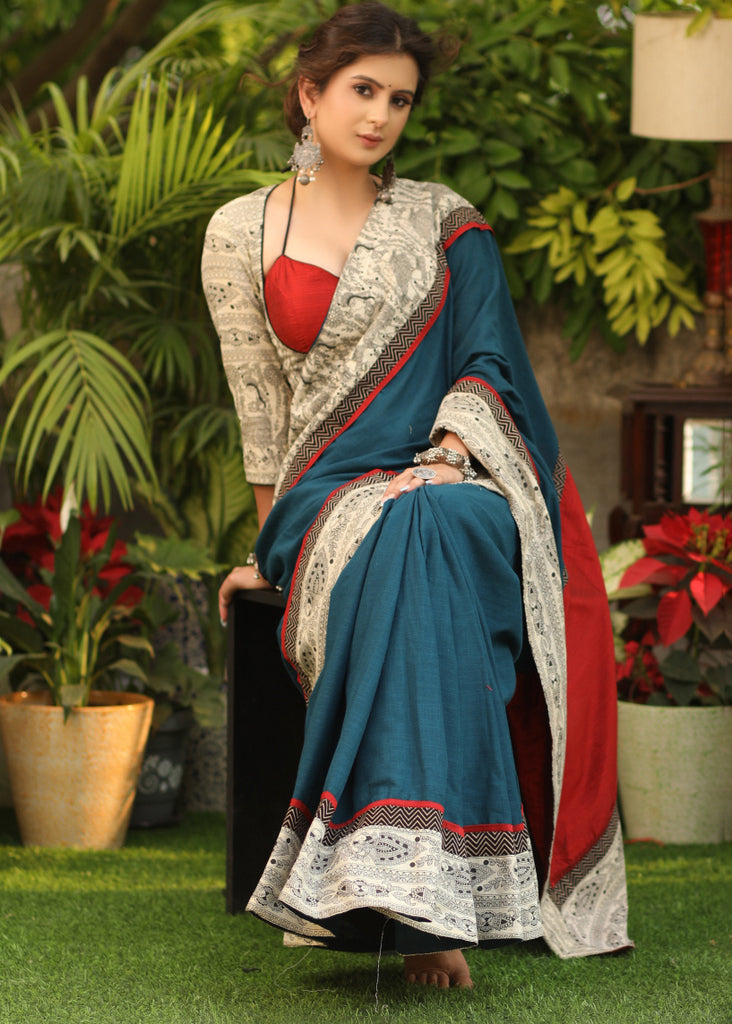 Blue Temple Border Silk Saree - Dhunki fashion