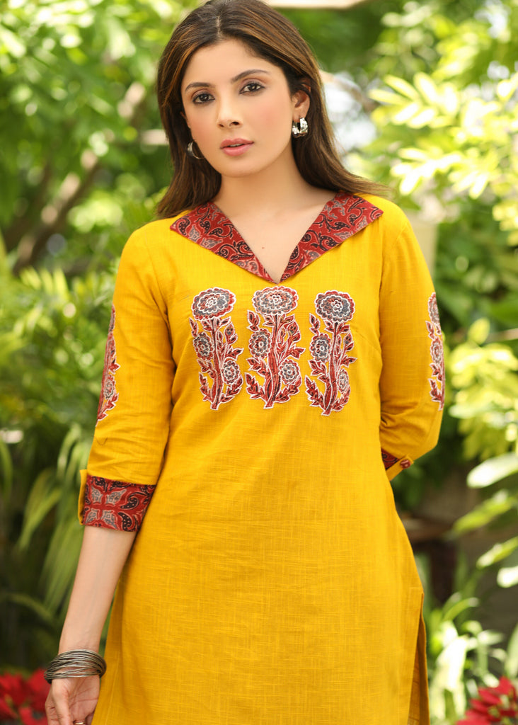 Classy Cotton Mustard Tunic with Maroon Ajrakh Collar and Sleeves with Contrast Patchwork on Front